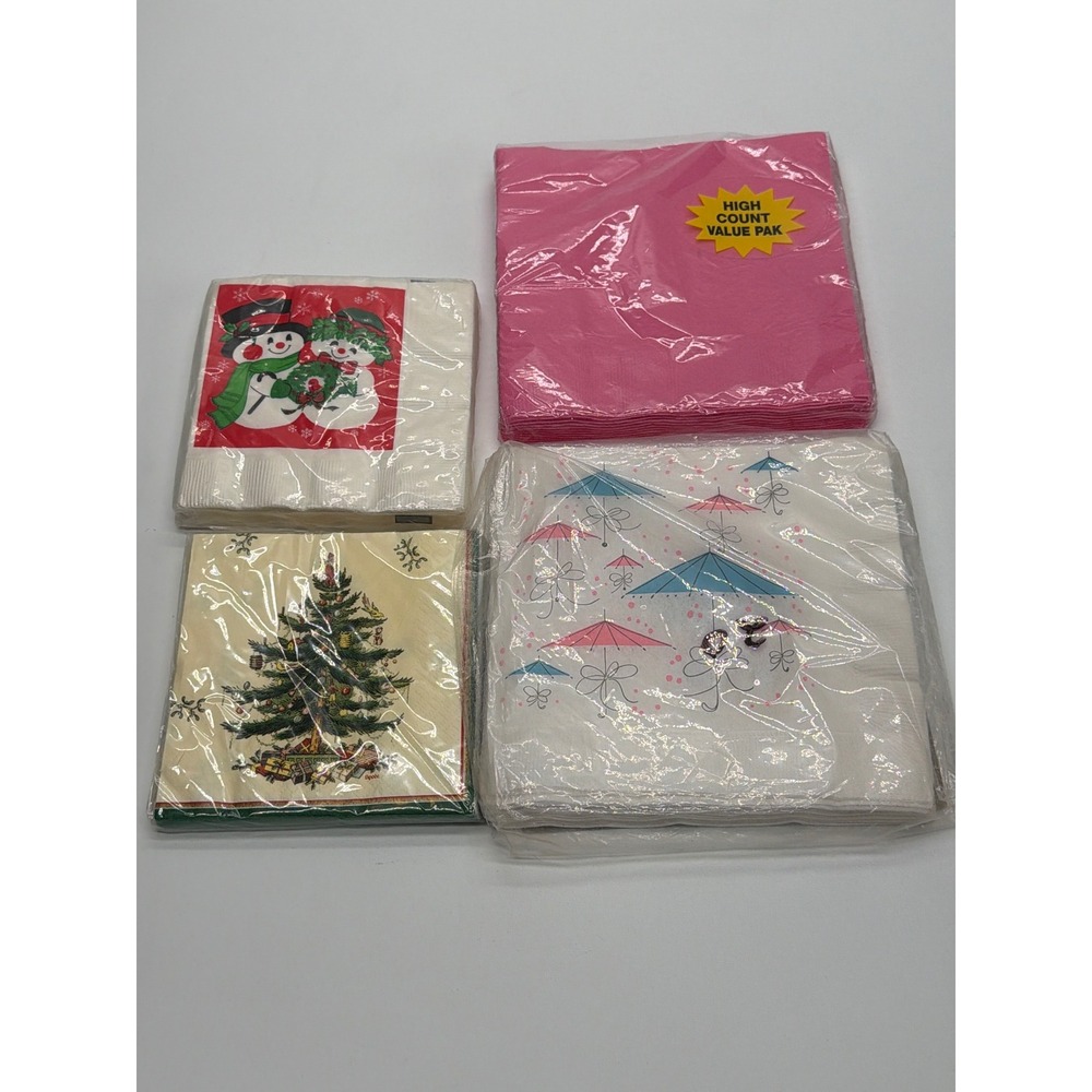 Vintage‎ Napkin Lot Spode Christmas Tree Snowman Pink Umbrella Tuttle Press 4pk